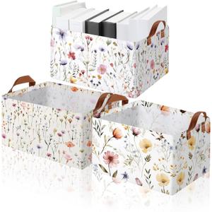 Boao 3 Pcs Wildflowers Storage Bin Wildflowers Collapsible Large Storage Baskets for Gifts Canvas Laundry Basket Foldable Box with Handle for Office Home Bedroom Clothes (15 x 11 x 8 Inches)