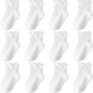 Baby Toddler Girls Socks Grip Ruffle Non Slip Girls Cotton 12 Pack Socks for Kids Cute Ankle 6M-7Years (Frilly White)