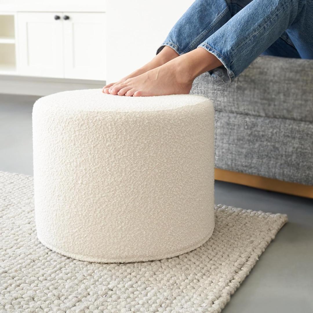 ZICOTO Beautiful Boucle Pouf Ottoman and Foot Rest - Elevate Your Living Room Decor with Lightweight Comfort and Charm - A Round Modern Foam Filled Foot Stool Perfect to Rest Your Feet (White)