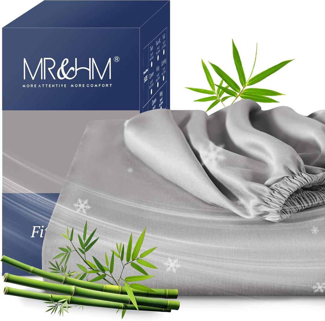 MR&HM Full Fitted Sheet Only, Ultra-Soft Rayon Derived from Bamboo & Polyester Blend, Silky & Breathable, 15" Deep Pocket with Elastic Straps, Cooling Fitted Sheet for Hot Sleepers, Silver Grey