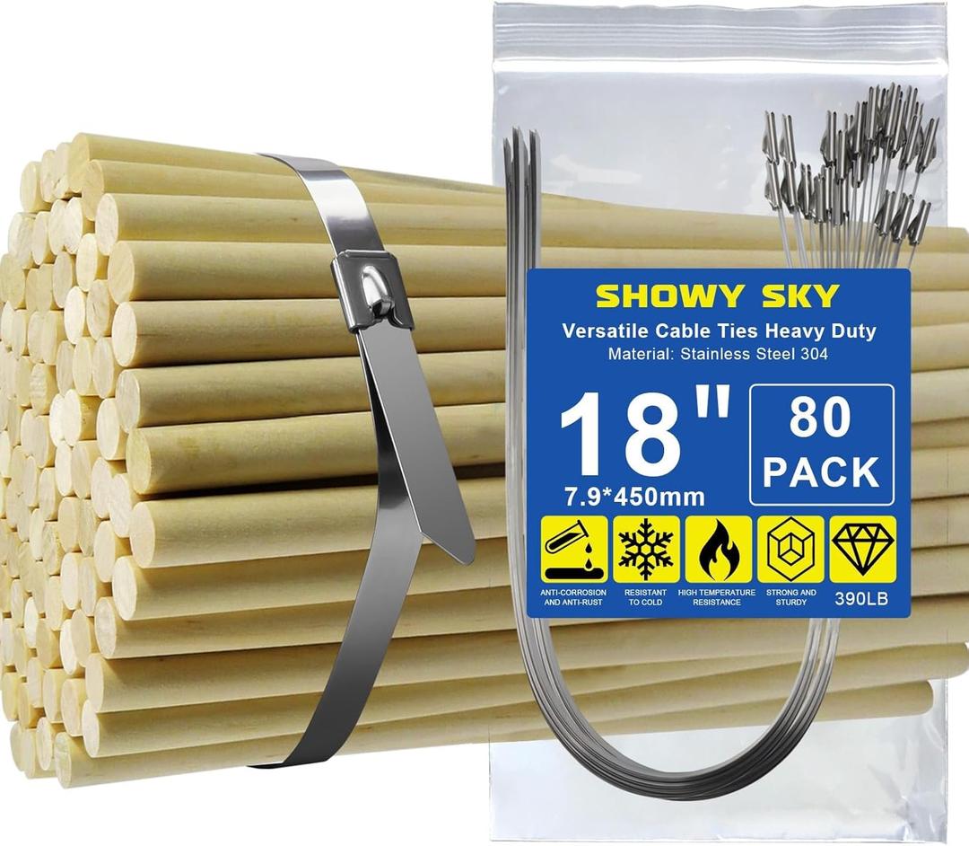 Metal Cable Zip Ties, 80Pcs Stainless Steel Zip Ties 390 Lbs 304 Heavy Duty Self-Locking Strap Ties, 18Inch Steel Cable Tie for Exhaust Wrap, Garden Ties, pipes, Poultry Fence