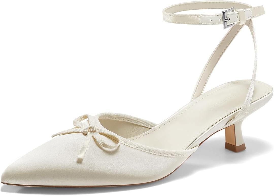 Coutgo Satin Kitten Low Heels with Bow Closed Pointed Toe Short Pumps Dress Wedding Party Shoes (7.5, Beige)