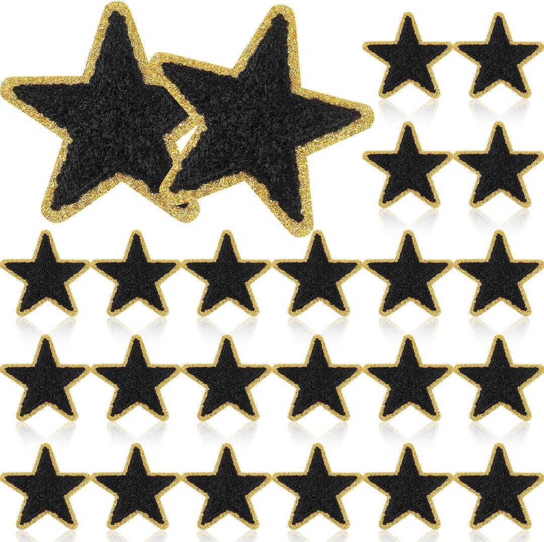 Jexine 32 Pieces Chenille Star Patches Black Self Adhesive Fabric Stickers Small Chenille Iron on Star Patches DIY Sewing Embroidered Appliques for Christmas Thanksgiving Clothes Hats Jeans