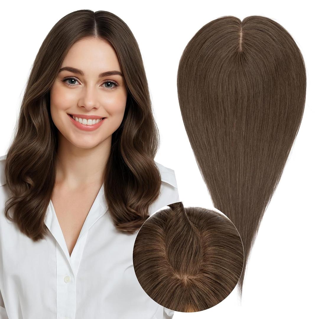 SEGOHAIR Real Human Hair Toppers for Women 3.54"*4.72" Silky Base 150% Density No Bangs Adjustable Parting Clip-In Topper Hairpieces for Women with Thinning Hair 12 Inches Natural Brown