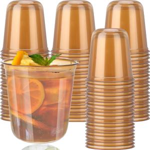 Xuelimei 50pcs 12oz Disposable Stemless Glasses, PET Disposable Drinking Cups,Cold Party Clear Plastic Wine Glasses for Parties Birthday, Wedding, Meeting, Christmas Party Supplies. (Gold)