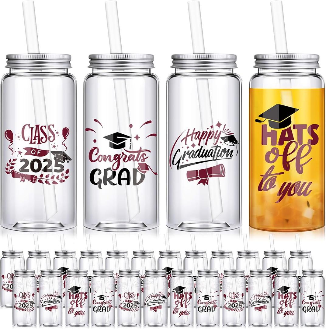 24 Pcs Graduation Cups with Straws Bulk 13.5 oz Class of 2025 Plastic Mason Jars Reusable Tumbler Coffee Tea Hot Cocoa Beverage Happy Graduation Tumbler for Congrats Grad Party Gifts(Maroon)