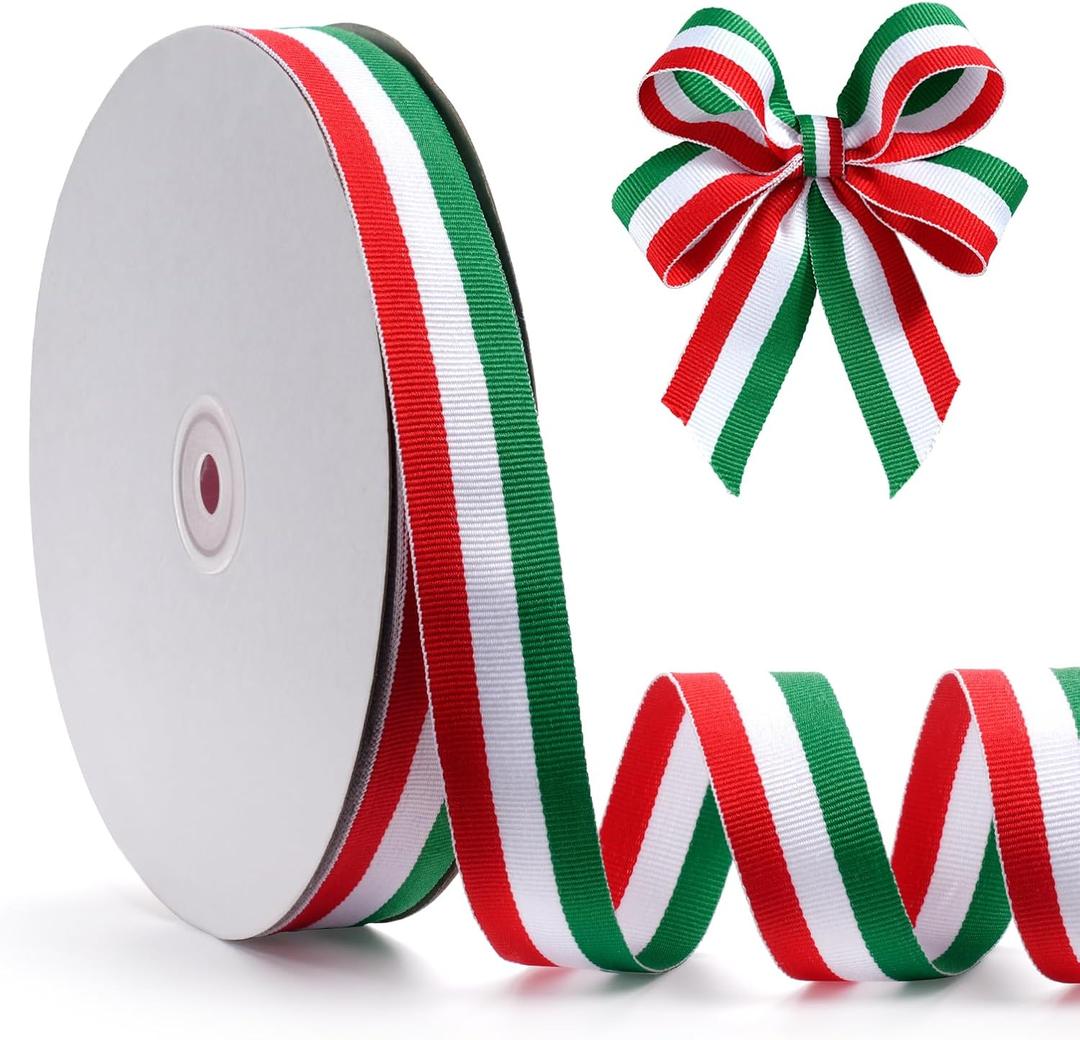 Green White Red Striped Grosgrain Ribbon, 1" x 50yds Double-Sided Striped Ribbon, Patriotic Ribbonfor Cheerleading Decorations, National Day, Christmas Decorations, Home Decoration