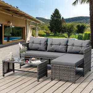 Shintenchi 3-Piece Outdoor Patio Furniture Sets, Wicker Patio Conversation Sets, All Weather Wicker Rattan Patio Seating Sofas with Glass Coffee Table and Cushion, Gray