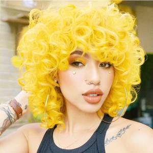 Short Curly Wigs for Black Women Soft Black Big Curly Wig with Bangs Afro Kinky Curls Heat Resistant Natural Looking Synthetic Wig for African American Women (Yellow)