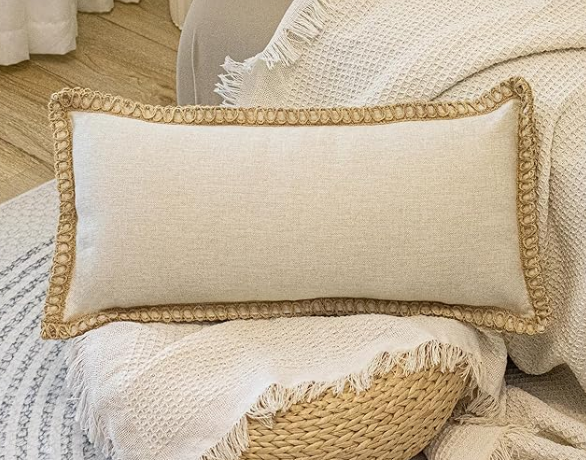 JoraLion Burlap Linen Lumbar Pillow Cover 14 x 24 inch, Trimmed Tailored Edges Cushion Cover Farmhouse Modern Decorative Pillow Case Outdoor Decor, Beige, Pack of 1 (Cover Only)