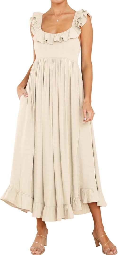 R.Vivimos Summer Dress for Women Sleeveless Boho Ruffle Square Neck Tie Back Casual Backless Flowy Midi Dress (Medium, Beige) R.Vivimos Summer Dress for Women Sleeveless Boho Ruffle Square Neck Tie Back Casual Backless Flowy Midi Dress (Medium, Beige)