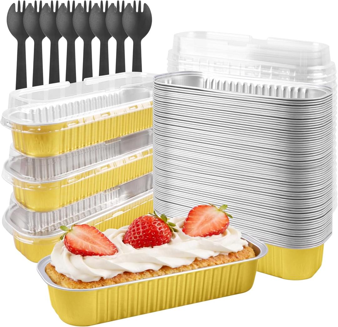 50 Pack Mini Loaf Pans with Lids & Spoons, 6.8oz Rectangle Aluminum Foil Baking Pans, Oven Safe Bread Tins for Brownie, Cheesecake, Lasagna - Disposable Food Containers-Gold