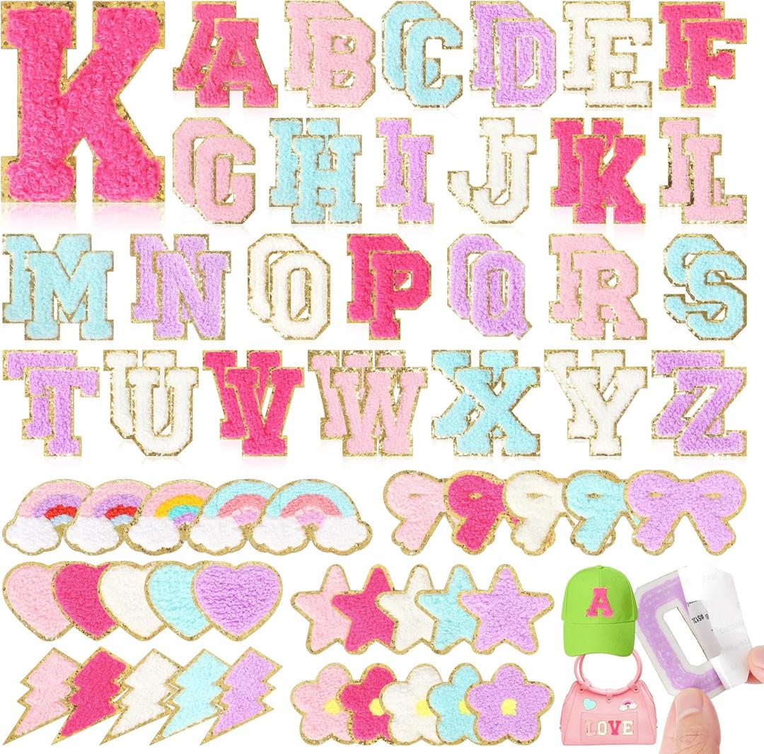 Chenille Letter Patches Self-Adhesive for Backpacks: Funcolor 82PCS Stick on Varsity Letter Patches - Cute Star Lightning Heart Rainbow Chenille Patch Stickers for Clothing Hats Bags