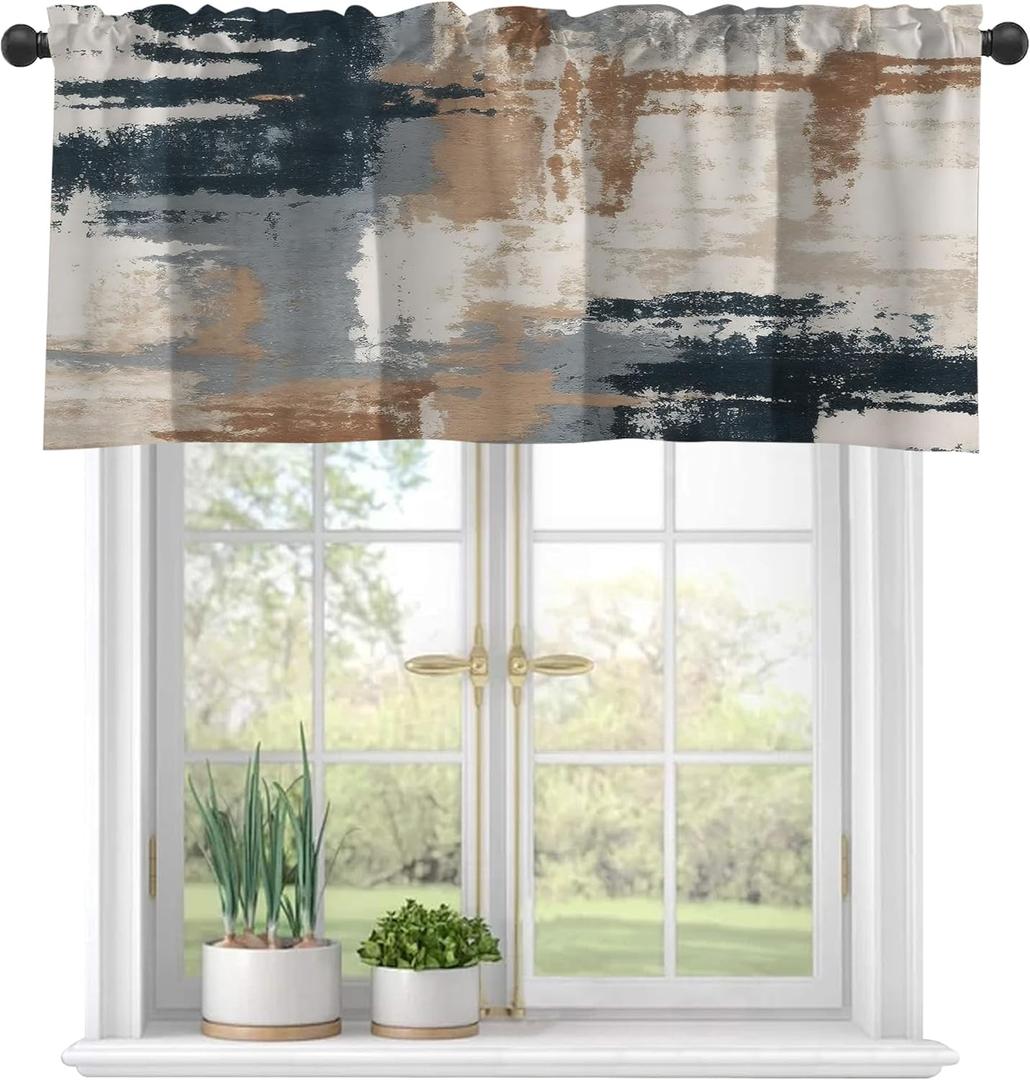 Valances Curtains for Windows,Beige and Gray Abstract Art Semi Sheer Curtain Valances,Rod Pocket Short Window Treatment Light Filtering Decor Valances for Kitchen Living Room Bedroom Windows - 42"x18"