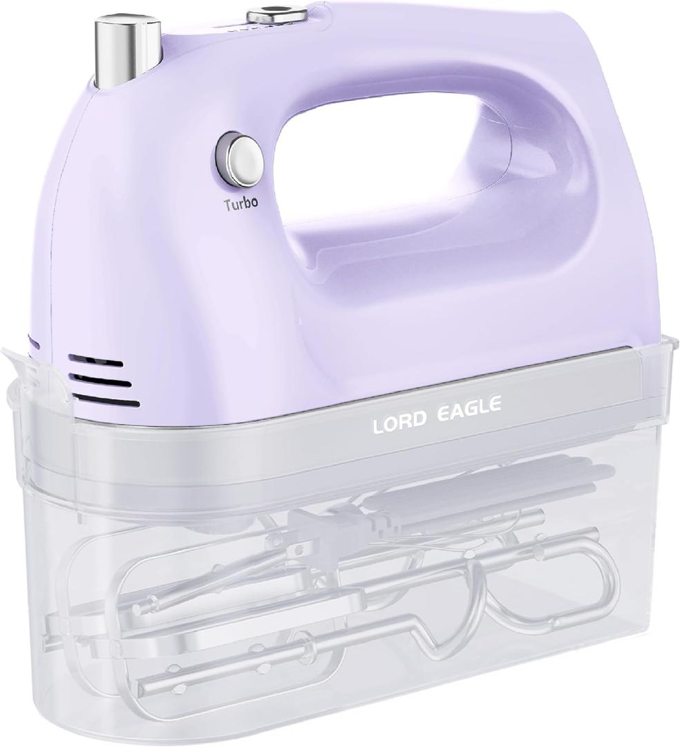 Lord Eagle Hand Mixer Electric Handheld 400W, 5-Speed Lightweight Kitchen Mixer with Storage Case, 5 Stainless Steel Attachments for Baking Cake Egg Cream Food Beater, Turbo+Eject Button, Purple (General)
