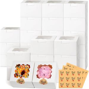 26pcs White Cookie Boxes with Window, 4x4x2.5 Inches Small Bakery Boxes with 36pcs Stickers, for Mini Cake Cookies Treat Dessert Pastry Donuts Macaroon Strawberries Chocolate Cupcakes Candy