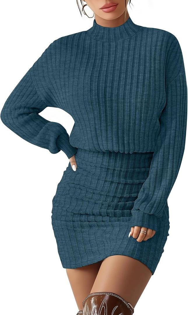 Women's Pullover Sweater Dress Long Lantern Sleeve Ribbed Knit Mock Neck Ruched Bodycon Casual Mini Dress 2025 (Peacock Blue)