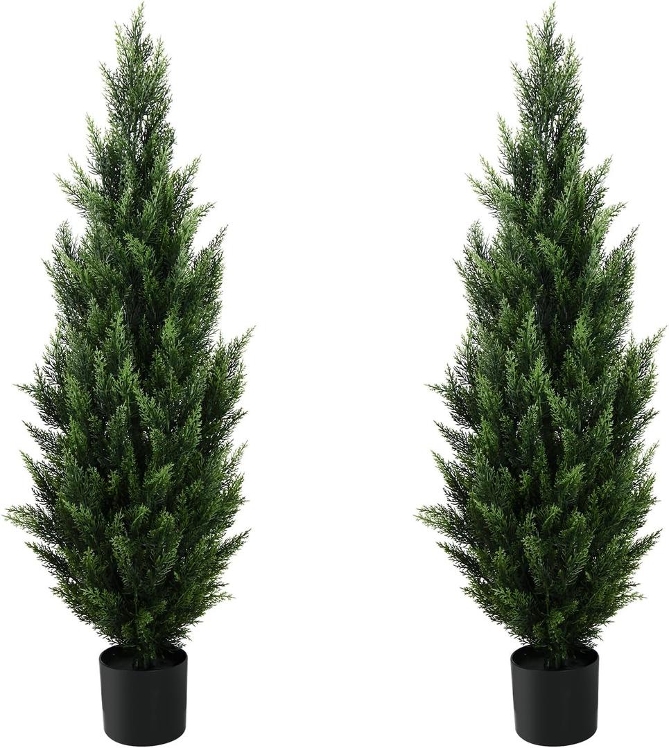 4FT Artificial Topiary Tree Beautiful Realistic Faux Cedar Pines Christmas Trees UV Rated Fake Shrubs for Front Porch Faux Plants Indoor and Outdoor Decor (2 Pack)