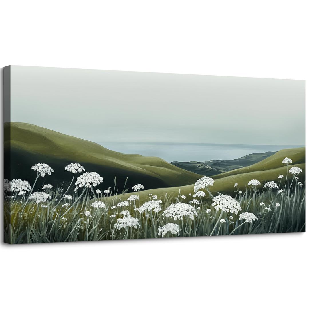 SLYCAY Large Neutral Coastal Landscape Wall Art for Living Room, White Flowers Meadow Green Seascape Oil Paintings, Nature Rustic House Decorations Bathroom Bedroom Office Artwork Pictures 29"X58"