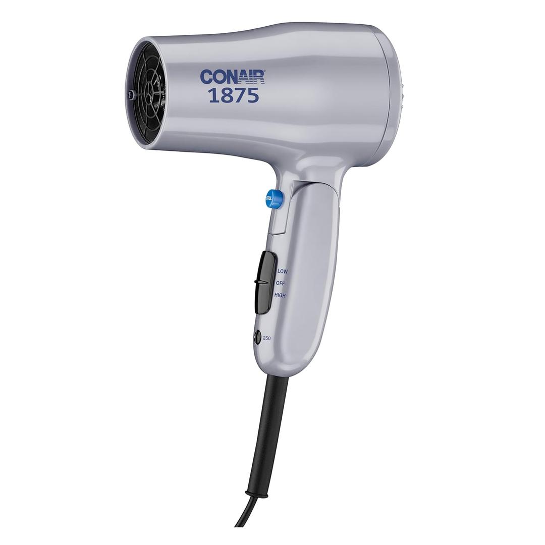 Conair Compact Hair Dryer with Folding Handle, 1875W Travel Blow Dryer with Diffuser and Concentrator Attachments, 2 Heat & 2 Speed Settings, Dual Voltage, Grey