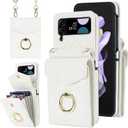 Asuwish Phone Case for Samsung Galaxy Z Flip 3 5G 2021 Wallet Cover with RFID Blocking Ring Crossbody Wrist Strap Stand Card Holder Leather Slot Cell Accessories ZFlip3 Z3 Flip3 3Z Women Men Off White
