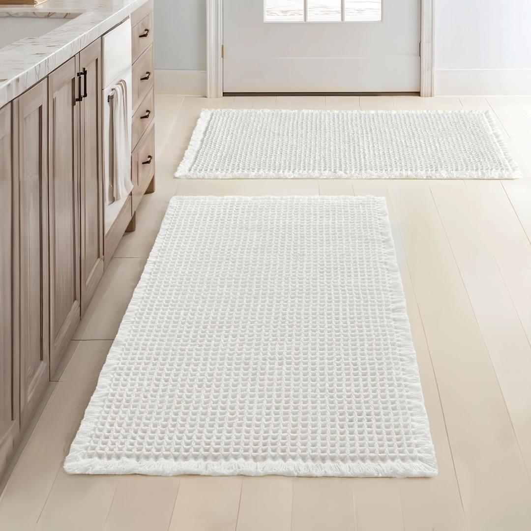 MIULEE Set of 2 Waffle Bathroom Rugs, Boho Bath Rugs Non Slip Washable, Super Absorbent Bath Mats, Ultra Soft Rubber Backed Shower Mats for Bathroom Floor, Tub and Shower, White, 20x32 Inch
