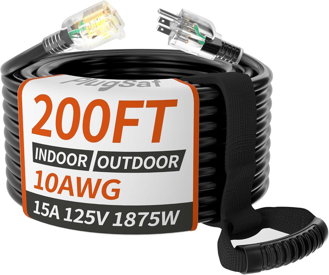200ft 10 Gauge Outdoor Extension Cord Waterproof with Lighted Indicator,10 AWG SJTW Heavy Duty 15Amp 1875W,3 Prong Cords Flexible Copper Black ETL Listed
