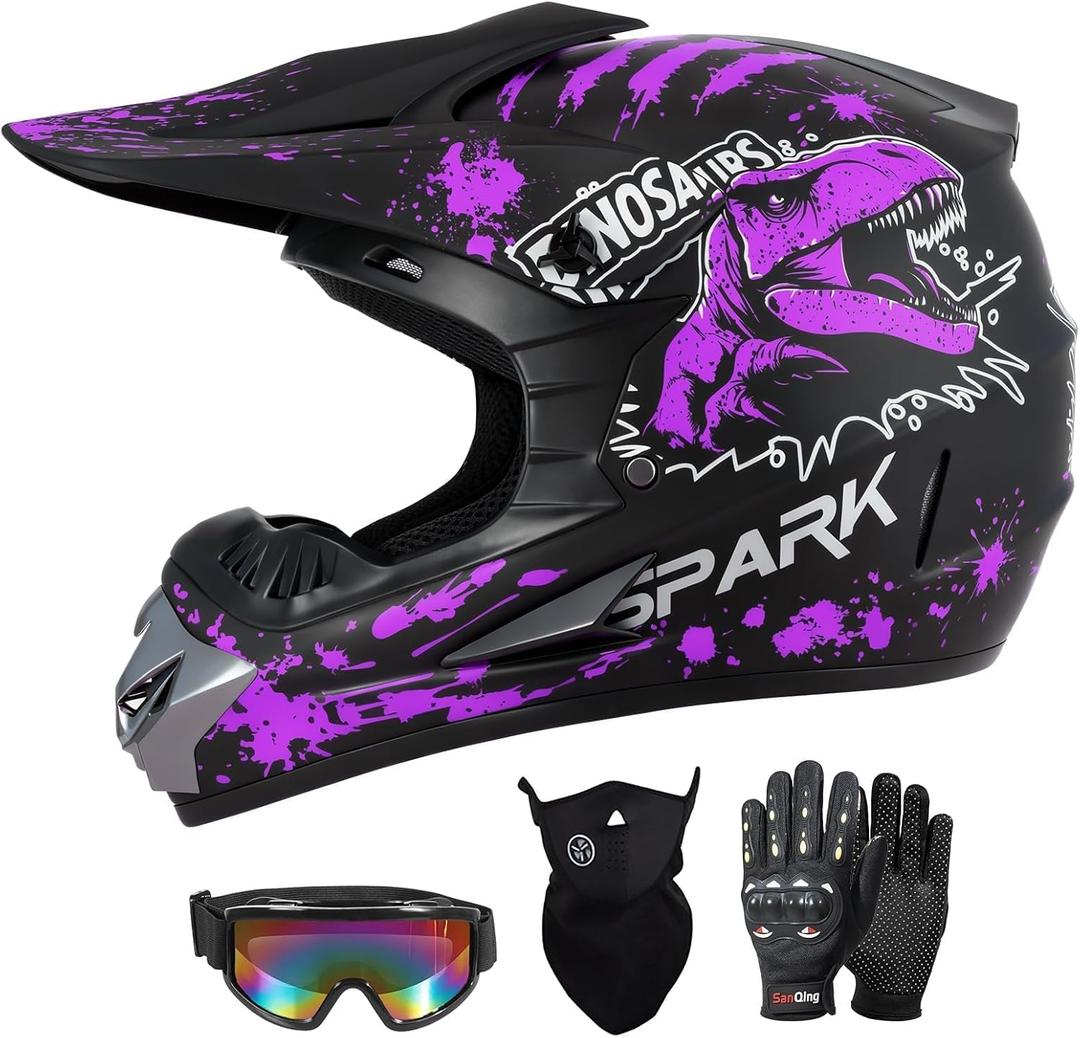 SPARK DOT Kids Youth Dirt Bike ATV Motocross Helmet with Dinosaur for Girls, Dino Purple, X-Small