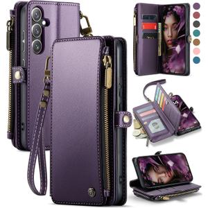 Defencase Compatible with Samsung Galaxy S23 FE 5G Case Wallet with RFID Blocking Card Holder for Women Men, PU Leather Magnetic Snap Flip Zipper Strap Wallet Phone Case Fit for Galaxy S23 FE, Purple