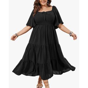 SCOMCHIC Women's Plus Size Flowy Maxi Dress Flutter Short Sleeve Boho Dress Square Neck Smocked Formal Dresses for Women Size 2XL