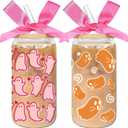 2 Pack Halloween Ghost Iced Coffee Glass Tumbler Cups with Lids and Straws - 16Oz Spooky Halloween Ghost Glass Tumbler Gifts With Pink Bow-knot for Women, Girls, Kids