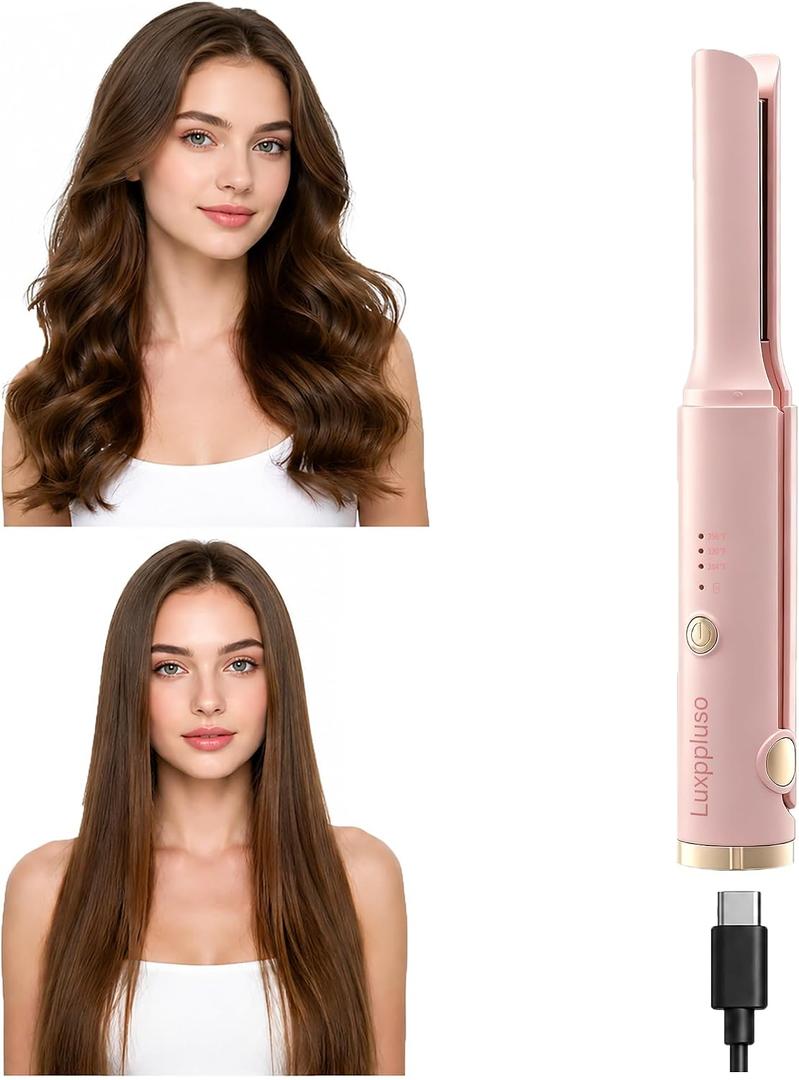 Portable Hair Straightener & Curler 2 in 1, Mini Size, Pink | Cordless, USB Rechargeable, 2600mAH Battery, Ceramic, For Women & Men