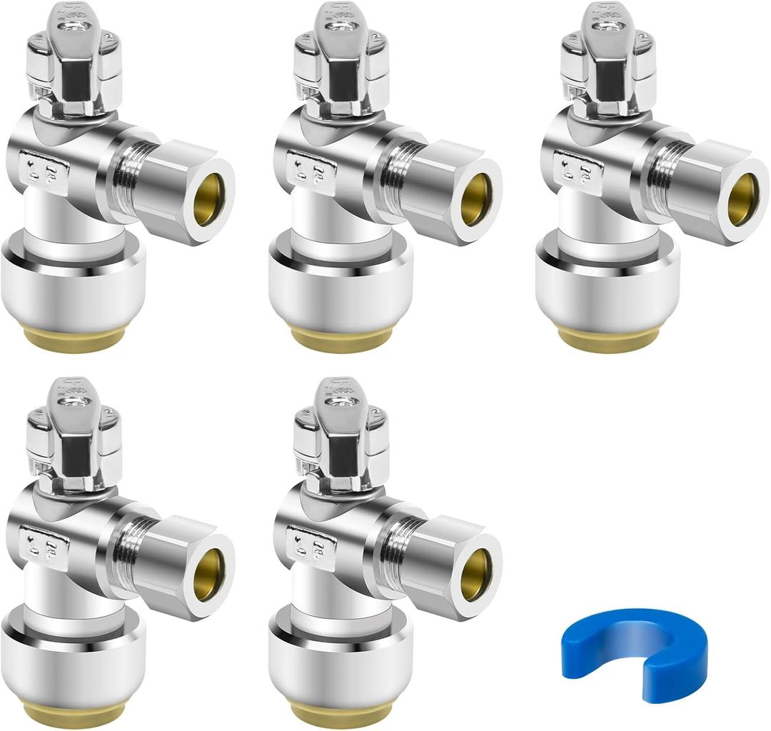 5PCS Angle Stop Valve, 1/2 x 3/8 Inch Compression Angle Water Shut Off Valve, Toilet Faucet Valve, Pushfit 1/4 Turn, No Lead Brass Push to Connect Plumbing Fitting for Copper, CPVC, PE-RT, PEX Pipe