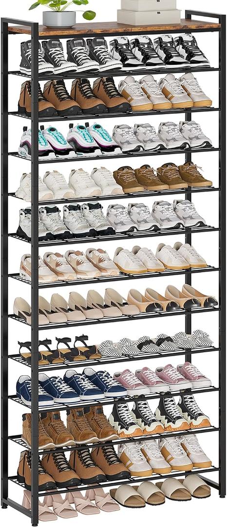 12 Tier Shoe Rack Organizer for 48-60 Pairs, Tall Metal Shoe Storage Shelf with Wood Top, Adjustable Boot Space, Narrow Design for Entryway Closet, Rustic Brown and Black