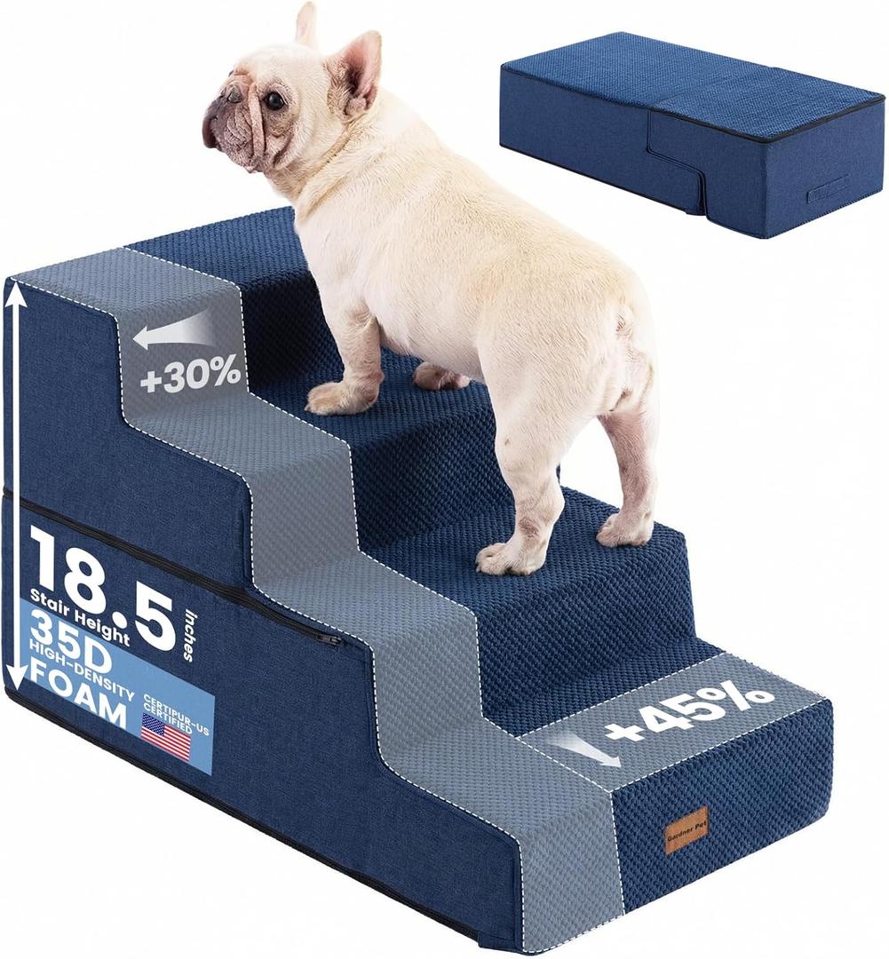 Gardner Pet Dog Stairs for Small Dogs 18.5" H, 4-Step Extra Wide Dog Steps for Bed, Pet Stairs for Bed and Couch with Durable Non-Slip Waterproof Fabric Cover and Soft Foam, Navy