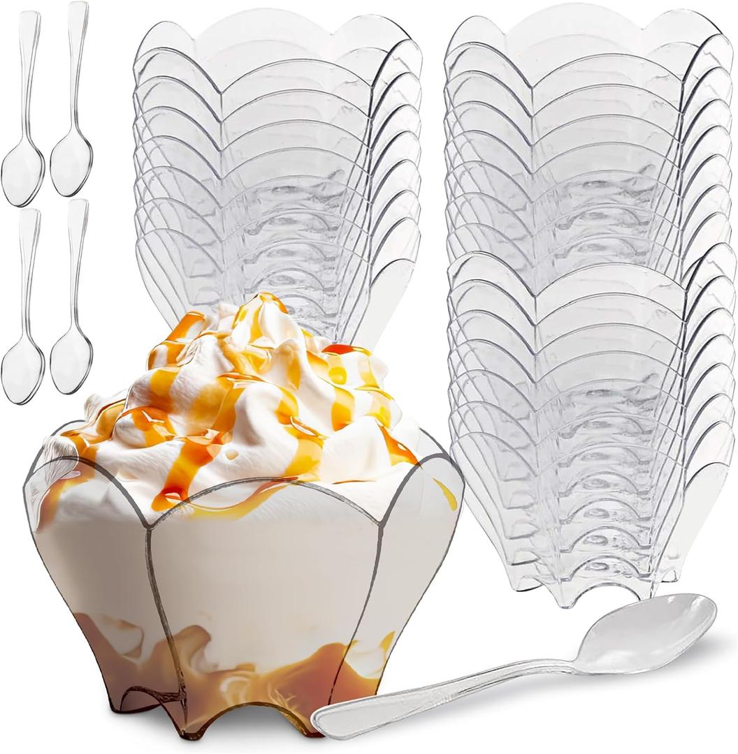Flower Shape Mini Bowl - 2.7 Ounce - 50 Count - Clear Plastic Hexagonal Petal Shaped Dessert Cup - Appetizer Serving Bowl - Disposable or Reusable - Spoons Included