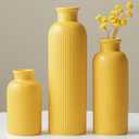 Modern Ceramic Vase Set, Yellow Ribbed Matte Design, 3-Piece Decorative Vases for Home, Living Room, Office (Yellow)