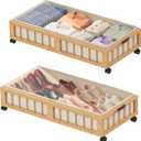 efluky 2-Pack Bamboo Under Bed Storage Containers with Wheels, Under Bed Clothes Storage Basket with Large Dust Bag, Rolling UnderBed Storage for Bedroom, Dorm and Basement, 48L Nature (30.71''L x 16.54''W x 7.5''H)