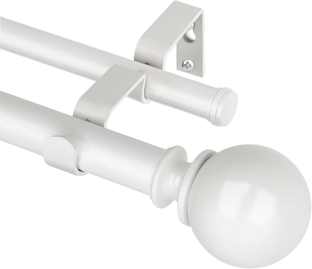 KAMANINA 1 Inch Double Curtain Rod for Windows 72 to 144 Inches (6-12 Feet), Ivory White Heavy Duty Drapery Rod, Adjustable Double Rods with Round Finals