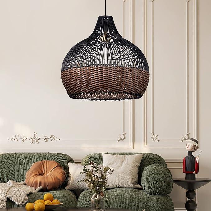 Arturesthome 1 Light Rattan Pendant Light Fixtures,Wicker Boho Black Basket Chandelier, Large Natural Woven Ceiling Hanging Lamp for Kitchen Island Dining Room W 23.5"*22.7"