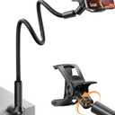 SAIJI Gooseneck Phone Holder for Bed Overall Length 38.6 Flexible Leather Wrapped Arm Overhead Cell Phone Mount Stand with 360 Adjustable Clamp Clip, Compatible with All 4-7 Cellphones (Black)