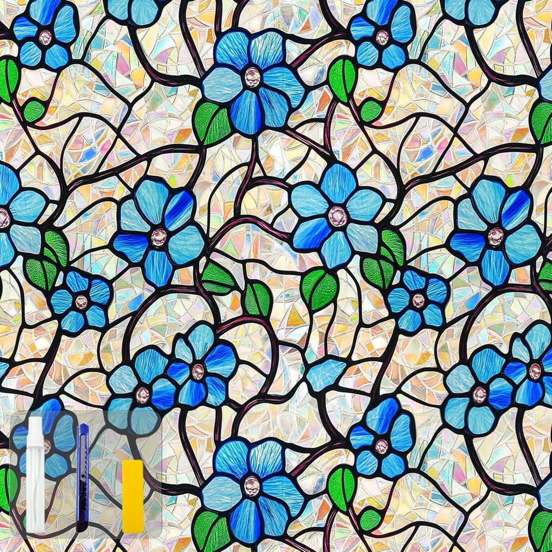 QHY Sunshine Privacy Window Film with Installation Tool Decorative Stained Glass Window Stickers Reusable Window Film (Indigo Rainbow, 35.4 x 78.7)