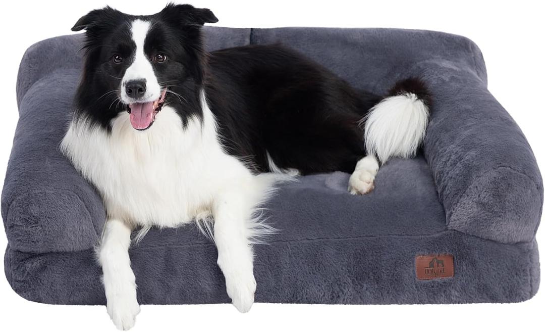 Hollypet Fluffy Plush Pet Sofa Soft Calming Pet Sofa Beds for  Large Dogs, L, Gray
