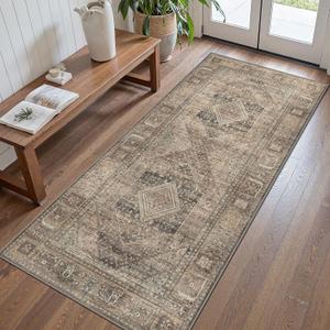 GENIMO Runner Rug for Hallways Machine Washable, 2x7 Non Slip Boho Vintage Lightweight Washable Runners, Thin Floor Rugs for Entryway Hallway Bathroom Laundry Room Corridor, Rustic Tan