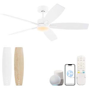 52'' White Ceiling Fan with Light,DC Quiet &Reversible Motor with 6 Speeds Adjustable,Outdoor Ceiling Fan with Light,Large Airflow for Living Room,Bedroom