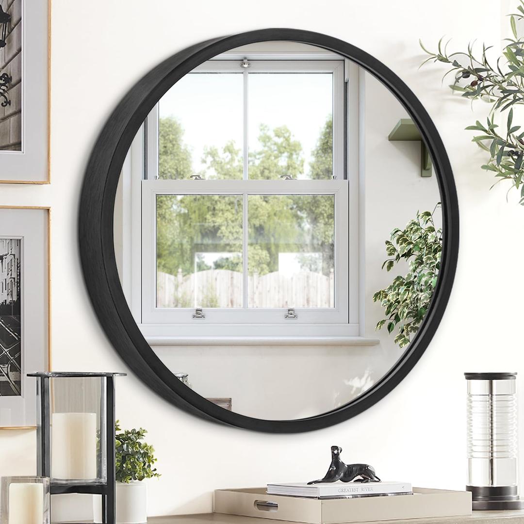 JJUYOU Black Round Framed Mirror - 16" Circle Wall Mirror for Bathroom, Bedroom & Living Room - Modern Aluminum Alloy Metal Frame