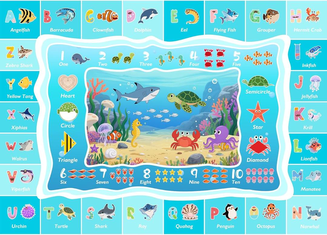 ABC Kids Ocean Rug for Playroom, 3x5ft Alphabet Classroom Rug, Educational Kids Play Mat with Number Shape Animal, Learning Area Rug for Nursery Bedroom Kidsroom, Colorful Non-Slip Washable
