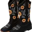 gloryinterest Cowboy Boots for Women Mid Calf Cowgirl Western Boots Sunflower Embroidery Stitched Square Toe Low Heel Black Brown Yellow US6-10.5, Black, 44
