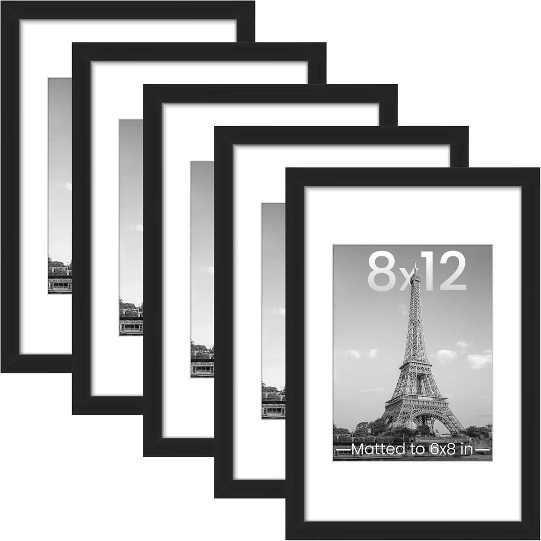 upsimples 8x12 Picture Frame Set of 5, Display Pictures 6x8 with Mat or 8 x 12 Without, Wall Gallery Photo Frames, Black