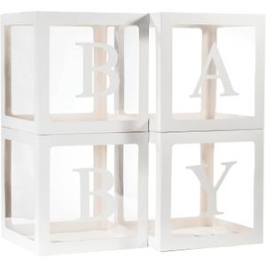 Baby Boxes with Letters for Baby Shower, 4 Transparent Balloon Boxes with 60 Letters & Numbers for Gender Reveal Decorations Birthday Wedding Party Grad Bridal Shower Backdrop, White